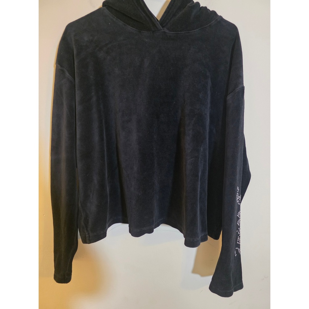 Juicy Couture Black Label Velour Hoodie Black Rhinestone Logo Sleeve Women's XL